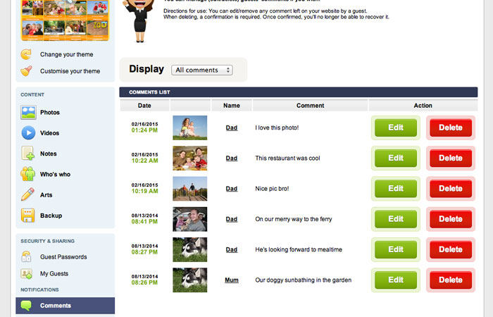 A secure parent zone where parents can also moderate the comments left by guests.